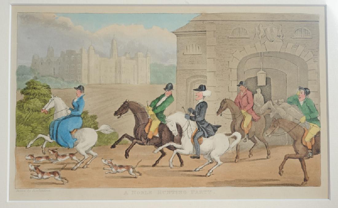 Thomas Rowlandson (1756-1827) Etching w/ Aquatint: "A Noble Hunting Party" from "The Tour of Dr. Syntax", original hand colored etching with aquatint, circa 1812-1821, professionally matted and shrink wrapped. Visible image: approx. 9" x 5 1/2". Mat: 