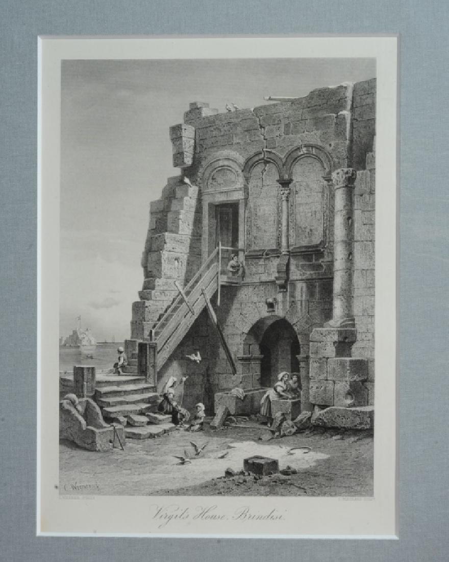 1876 Engraving "Virgil's House" C. Bertrand: Original antique steel engraving after a painting by Carl Friedrich Heinrich Werner, (German, 1808-1894,) by C. Bertrand, entitled "Virgil's House". Published 1876. Mat, approx. 16 1/4" x 13 1/4", sig