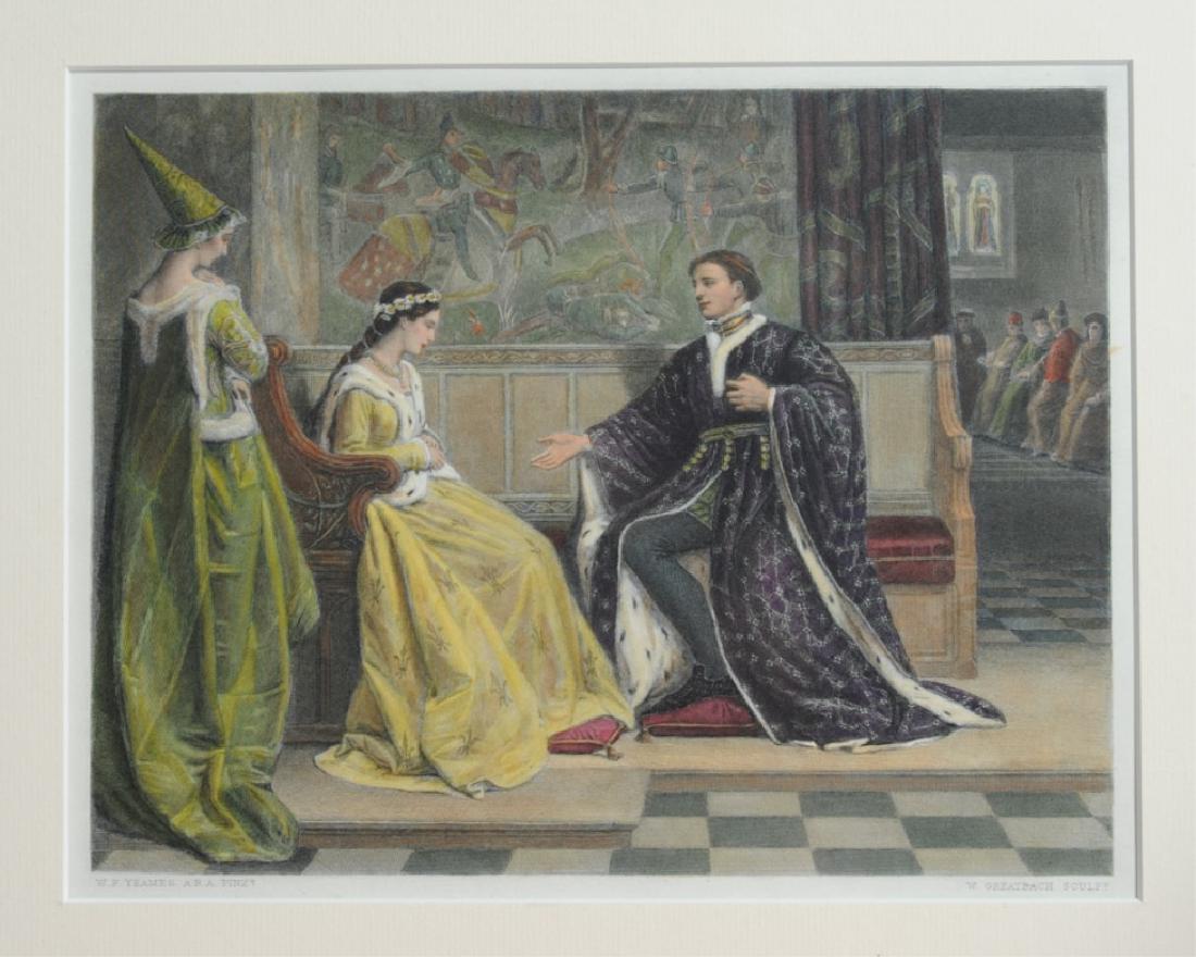 Original Hand-Colored Engraving W. F. Yeames: 1876 engraving by W. Greatbach, after a painting by Russia-born British artist William Frederick Yeames, A.R.A., (1835-1918) entitled "The Wooing of Henry V". Mat, approx. 14" x 16 1/4", sight, approx