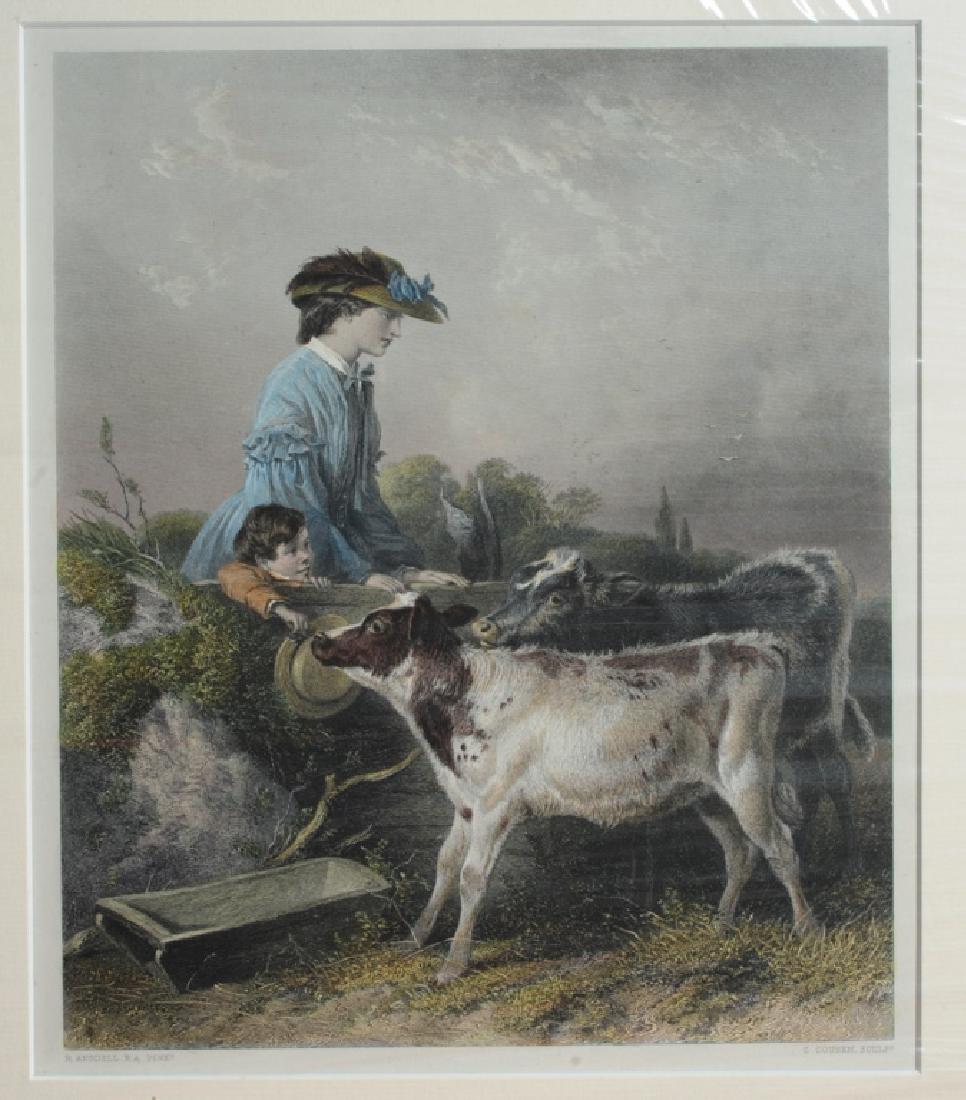 19th C. Hand Colored Engraving after R. Andsell: Entitled "In the Pasture", showing a young woman and little boy looking over a wall at two calves, after a painting by Richard Andsell, (1815-1885) engraved by Charles Cousen, 1883. Mat approx. 16 1/2
