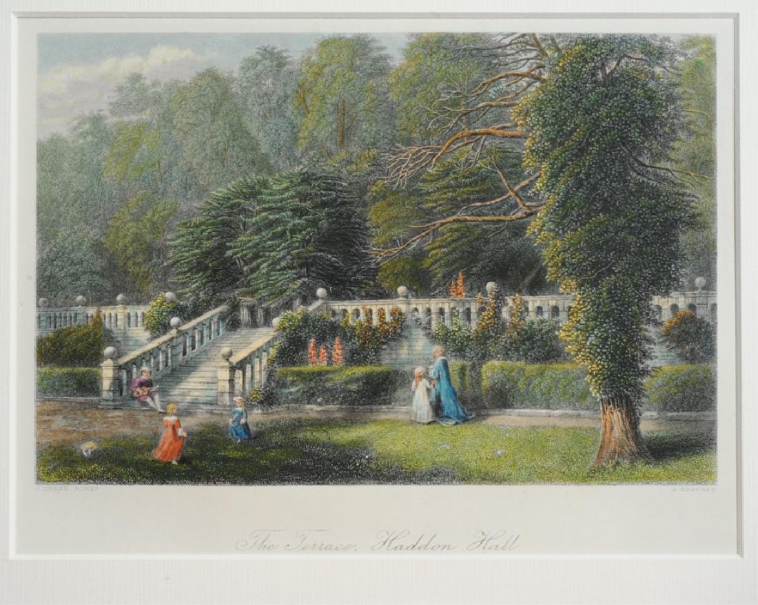 1876 Engraving, Haddon Hall by John Godfrey: Hand-colored antique engraving from a painting by J. Chase of the terrace at Haddon Hall. Engraved by John Godfrey, (1817-1889) published in "Picturesque Europe: The British Isles" c.1876. Mat, approx