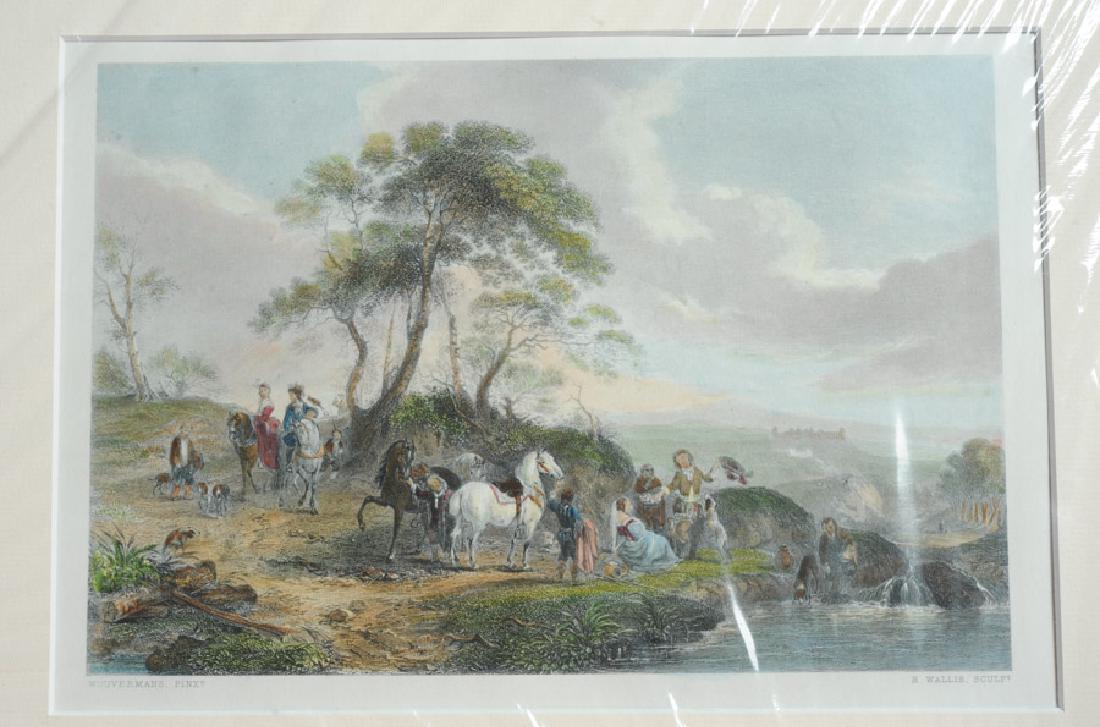 Original 1860 Hand-Colored Engraving, P. Wouwerman: Entitled "The Hawking Party at Rest", engraved by Robert Wallis c.1860 after a painting by Pieter Wouvermans, (also Wouwerman.) (Dutch, 1623-1682) Mat, approx. 16" x 13", sight, approx. 9 1/2" x 6 1/2