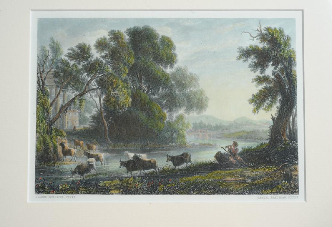 Original 1854 Hand-Colored Engraving: By Samuel Bradshaw, after a painting by noted landscape painter Claude Lorraine, (c1600-c1682, French,) showing an idyllic rural scene with cows crossing a winding river while a cowherd plays his flut