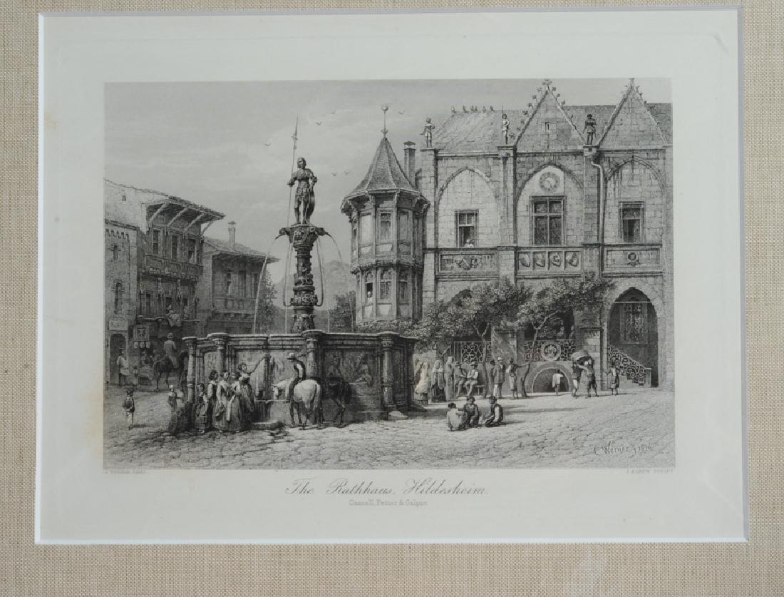 2 Antique Engravings from Picturesque Europe: To include: "The Romsdalhorn from Aak", steel engraving by T. Heawood from a picture by J. D. Woodward, and "The Rathhaus Hildesheim", engraved by J. J. Crew from a picture by G. Werner. Both from "Pi