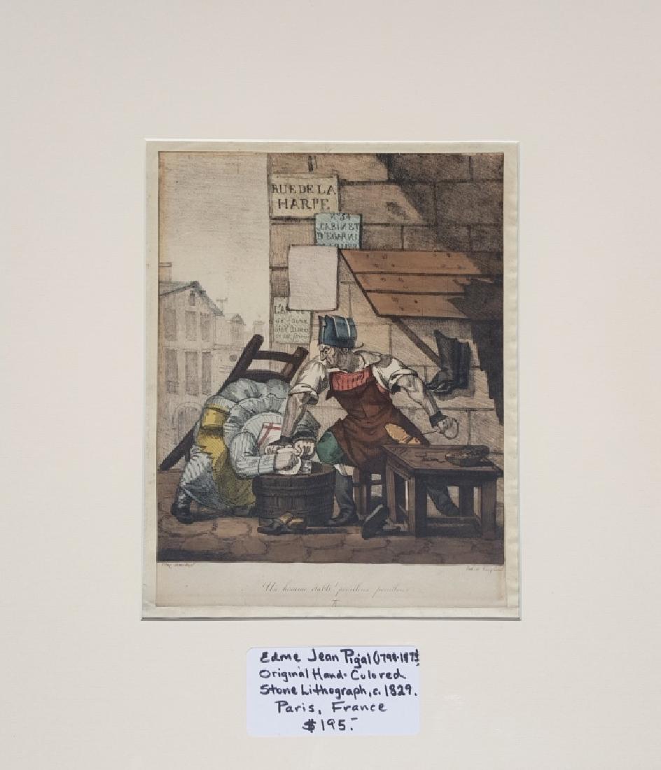 Antique French Mezzotint Engraving & Stone Litho: An original hand colored stone lithograph by French artist Edme Jean Pigal (1798-1872) titled "Un Homme Etable! Pouilleux Pouilleux", c. 1829. Published in Paris, France. At bottom left printed "Chez