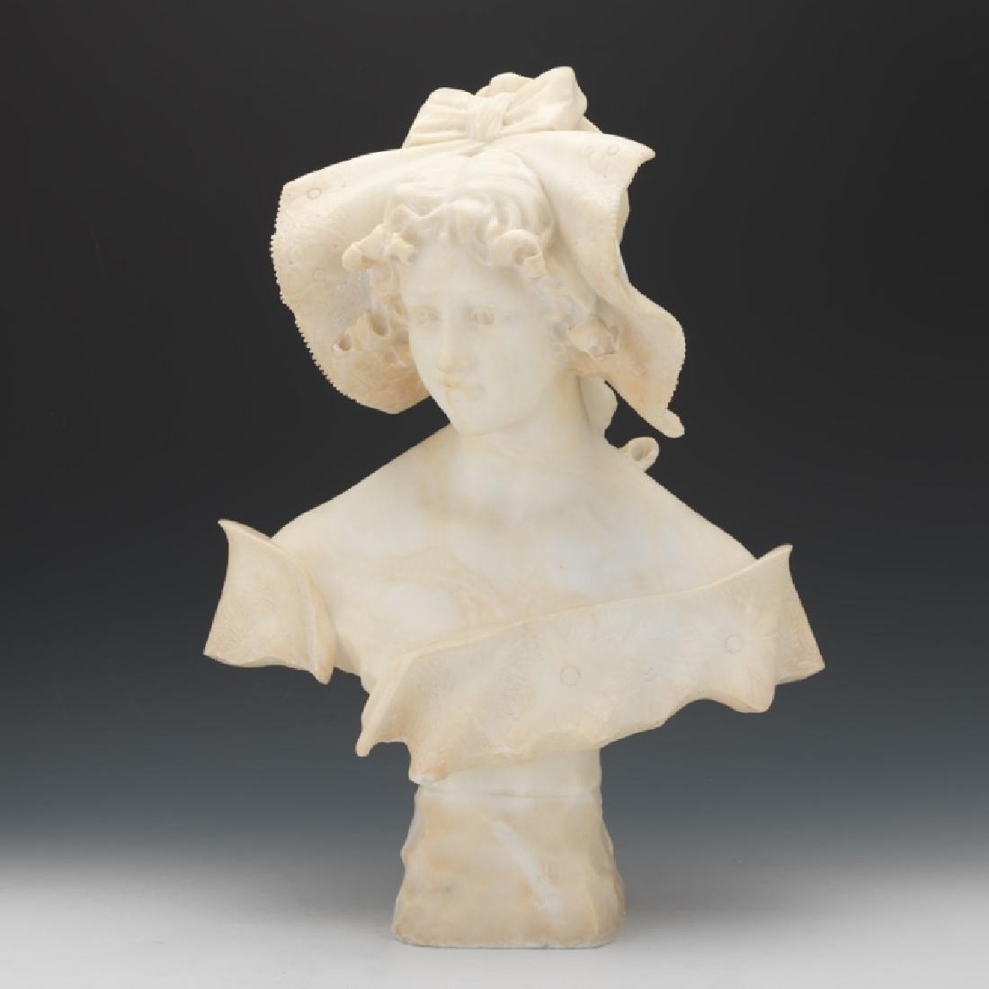 Alabaster Bust of a Young French Lady c. 1880: An original unsigned carved alabaster bust supported by a carved base. A young lady with a bonnet, Paris School, France, c. 1880-90. Some light handling wear, wear consistent with age: Very Good condi