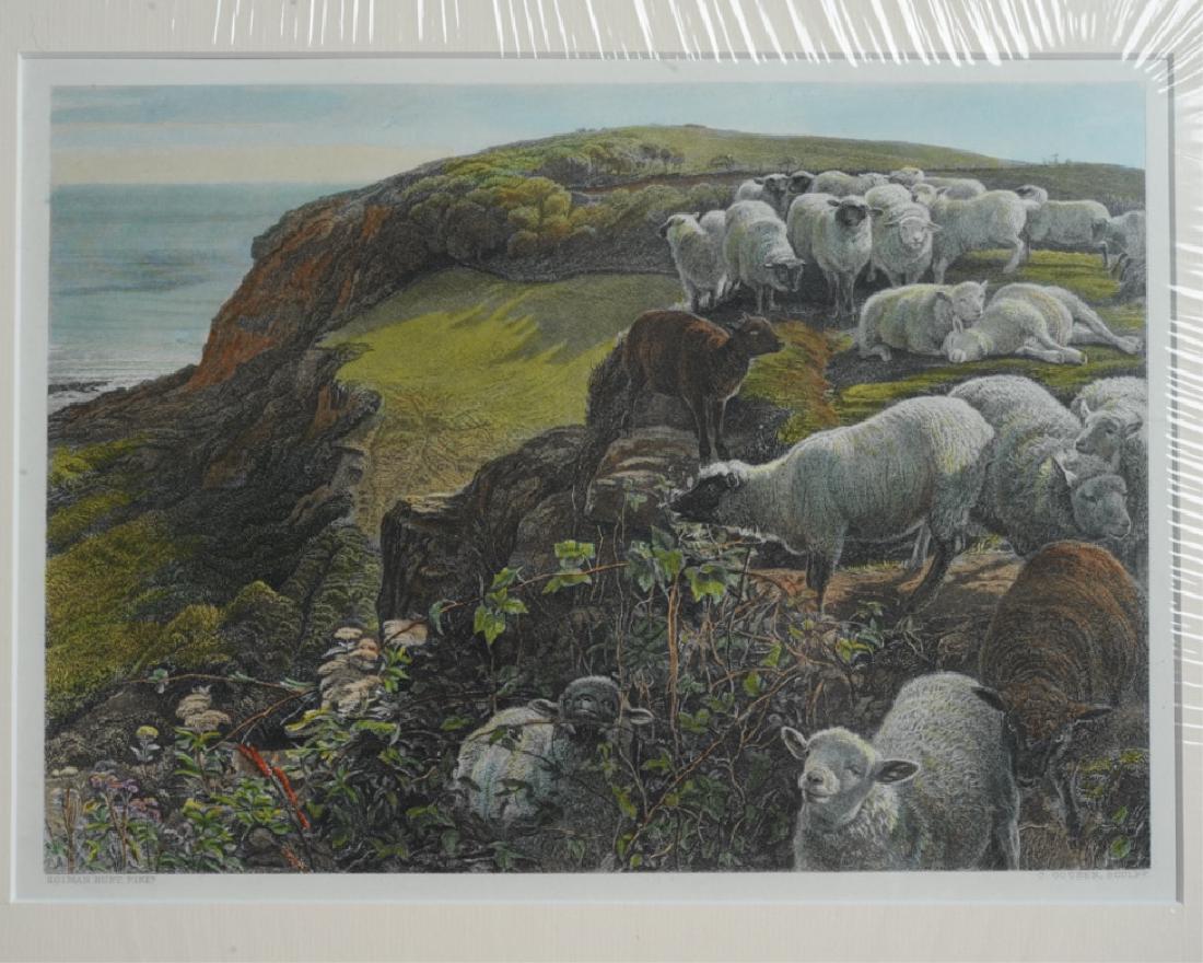 1876 Orig. Hand Colored Engraving Holman Hunt: From a painting by Pre-Raphaelite artist William Holman Hunt, (1827-1910,) engraved by Charles Cousen (1819-1899,) a detailed scene of sheep on a green hill overlooking the sea, entitled "On the Hills