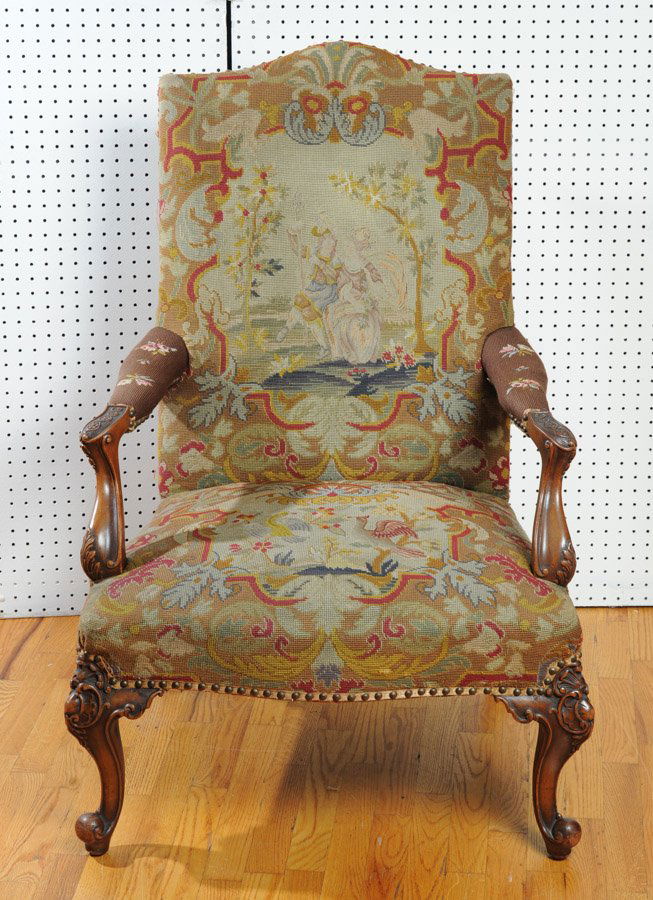 Antique Queen Anne High Back Tapestry Arm Chair