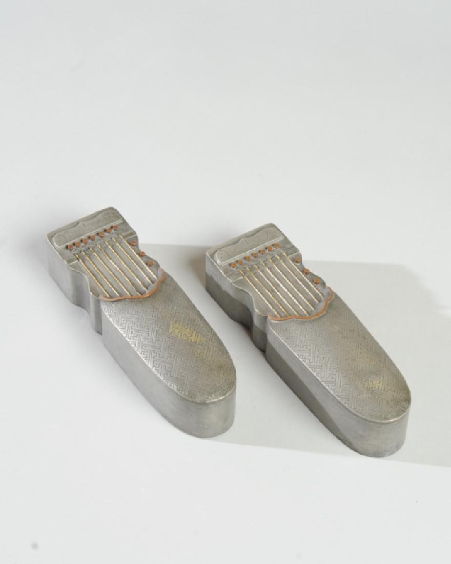 Pair Antique Chinese Pewter Cosmetic Boxes: In the shape of a harp. Incised decoration and copper detail. Opens to reveal a mirror and a removable double compartment. Three character inscription on lid, and multiple impressed character marks to