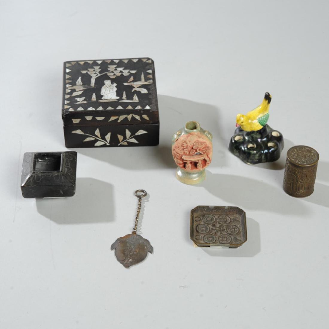 Antique Chinese & Japanese Objects Lot: To include an 18th C bronze dish with coin motif, a small 19th c. carved black stone censer with engraved decoration, an 18th C. bronze cylindrical box and cover with all-over engraved figural decorat