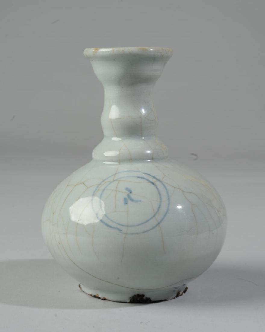Korean Blue & White Vase: With calligraphy medallions, Joseon period (kiln crazing.) H: approx. 5 1/2".