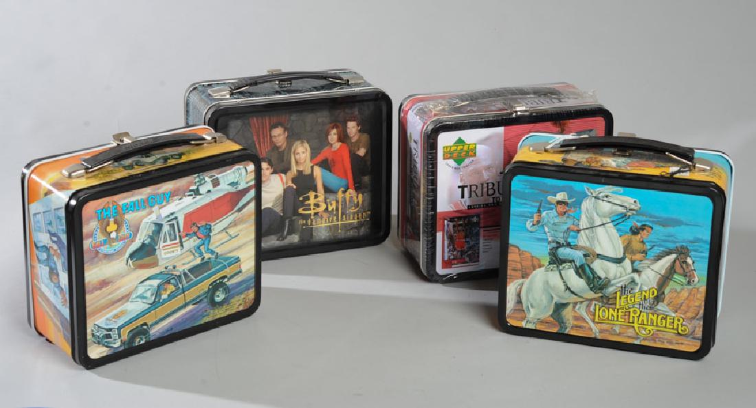 4 Vintage Lunch Boxes: "The Fall Guy" 1981, "The Legend of the Lone Ranger" 1980, "Buffy The Vampire Slayer" 2000, "Tribute to Jordan" 1999 - all mint, never used.