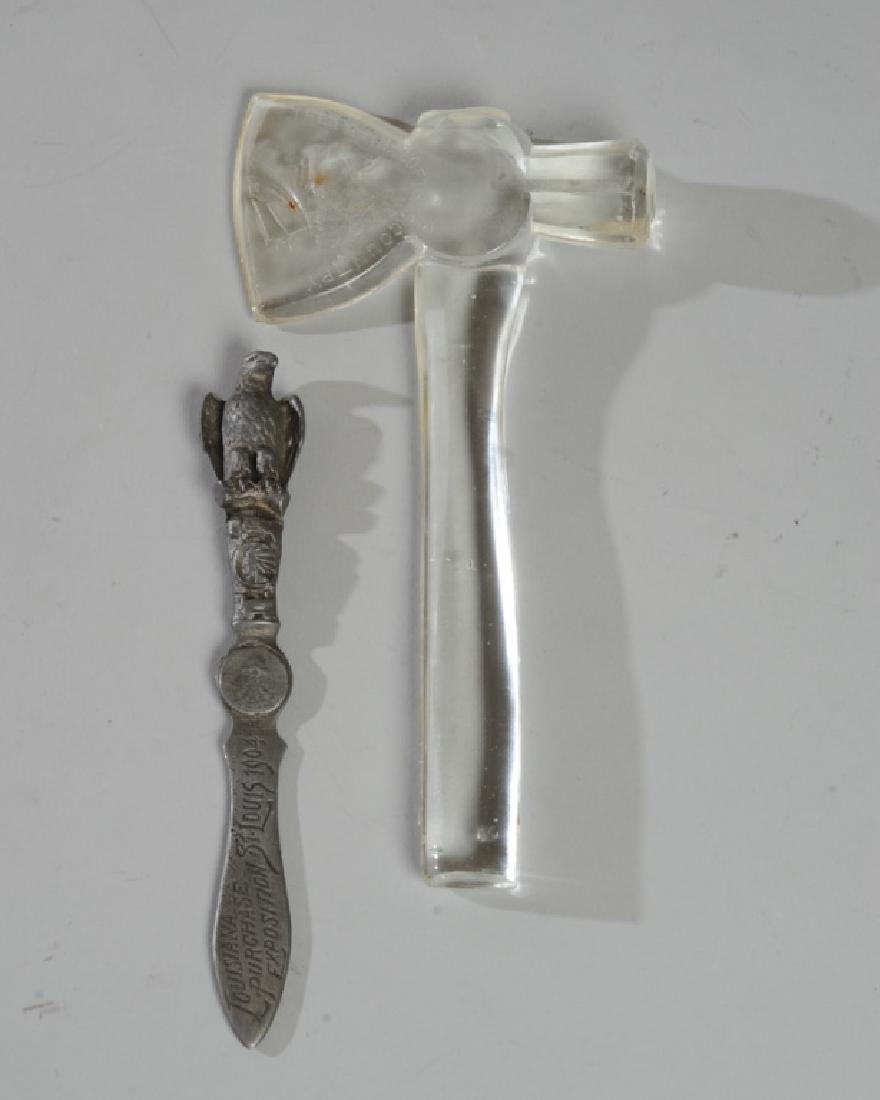 World's Fair Lot: 1893 World's Fair George Washington glass hatchet, 1904 Louisiana Purchase Expo letter opener. Longest: approx. 8".