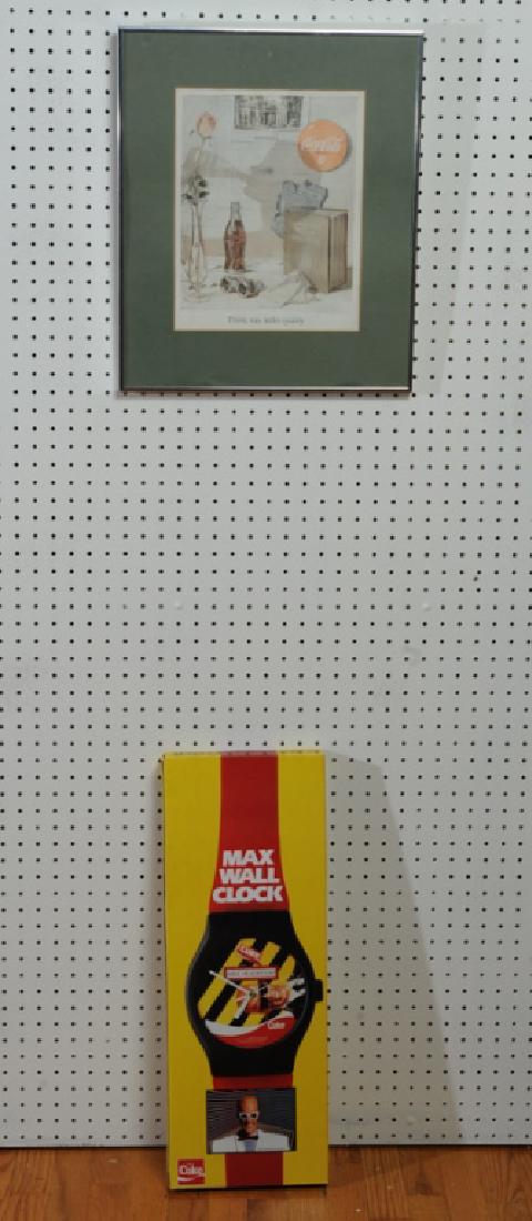 Coca Cola Lot: 1950 ad featuring Monticello, and large Max Headroom 1987 wall clock in original box (24 1/2" x 9".)