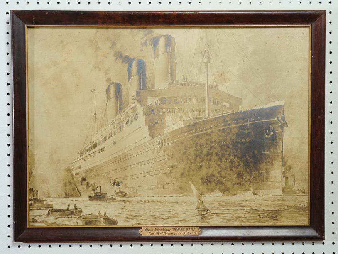 Majestic Ship Print: From original painting by Walter Thomas "White Star Line Majestic - The World's Largest Ship". Some foxing. Image: approx. 19 1/2" x 27". Frame: approx. 22 1/4" x 30 1/4".