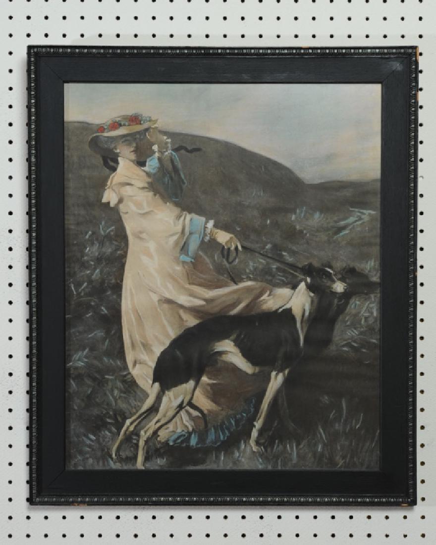 Orig. Edwardian Pastel Drawing Lady with Greyhound: Fine pastel drawing in incredible condition, of a "Gibson girl" type young woman, her garments blowing in the wind, with a greyhound on leash. No signature found. Pastel on paper. In period black wood
