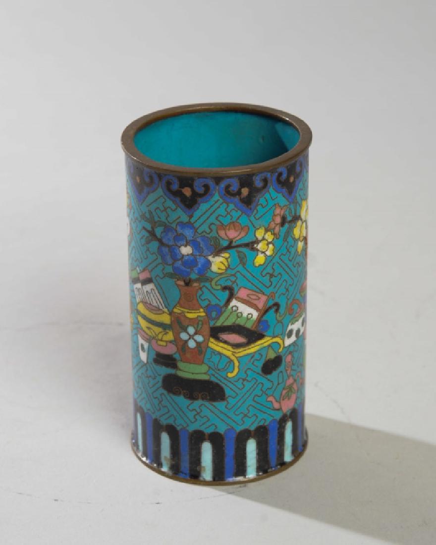 Qing Chinese Cloisonne Brush Pot: 19th Century Chinese brush pot with teal blue ground and interior, ruyi border at rim and lappet border at base, decorated with colorful vases, censers, scrolls, and other auspicious objects. Some los
