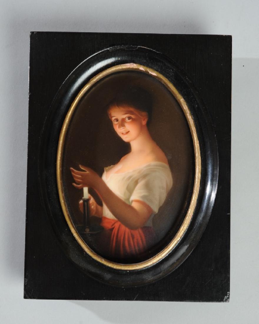Bavarian Porcelain Plaque after Georg Hom: "Gute Nacht", hand painted with Hutschenreuther mark to verso, with frame. Plaque: approx. 5" x 4". Frame: approx. 6 1/2" x 5".
