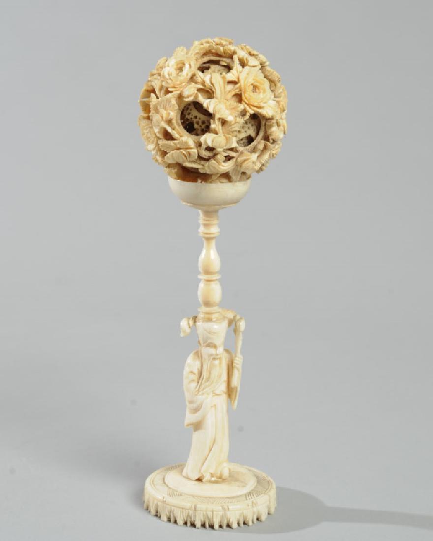 Chinese Carved Puzzle Ball & Figural Stand (1 of 3)
