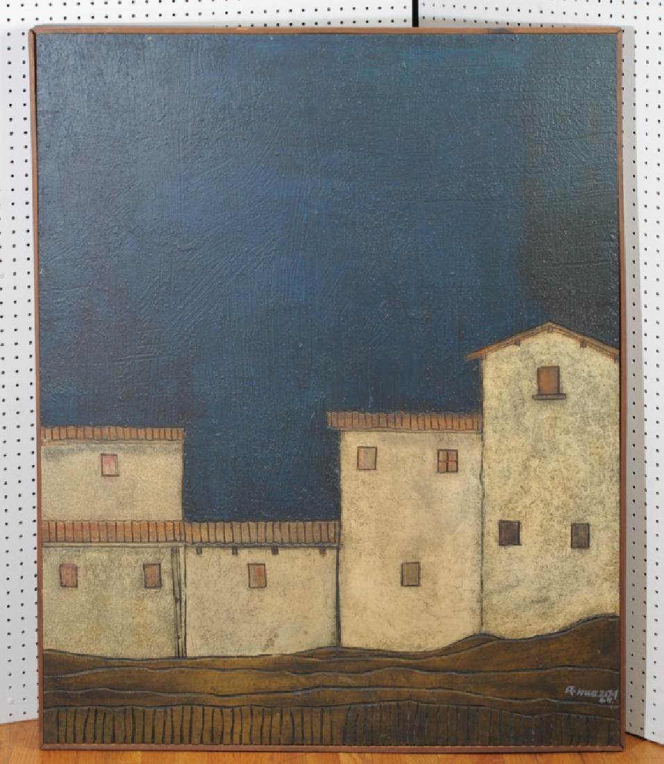 Roberto Huezo Mixed Media: "Paisaje Urbano", signed and titled on verso, also signed lower right and dated (19)69. Approx. 49" x 40 1/2".
