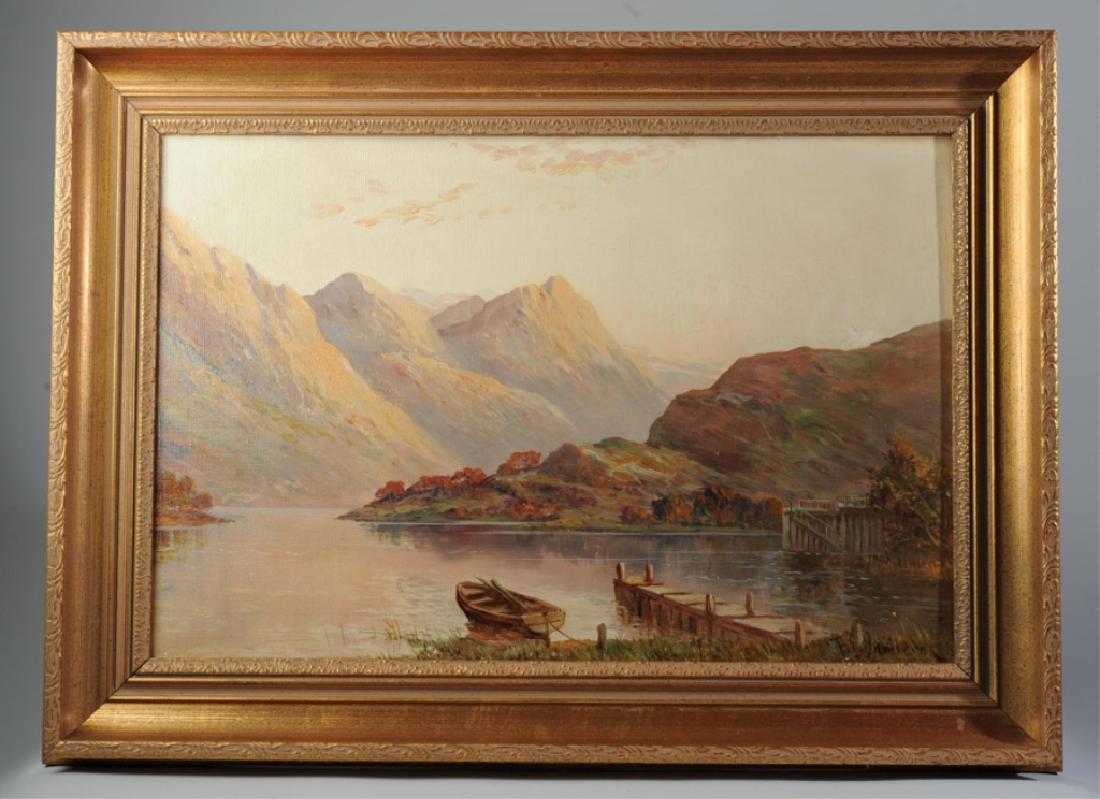Francis E. Jamieson, (British, 1895-1950): Tranquil oil on canvas of a Highland lake and mountains bathed in golden light. Jamieson was English, but inspired by, and often painted, the Scottish Highlands. Signed lower right. Gilt Frame. Frame,