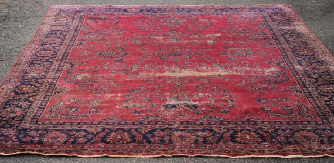 Semi-Antique Turkish Sparta Rug: Wool on cotton, red central ground, worn. Approx. 8' 9" x 11' 6".