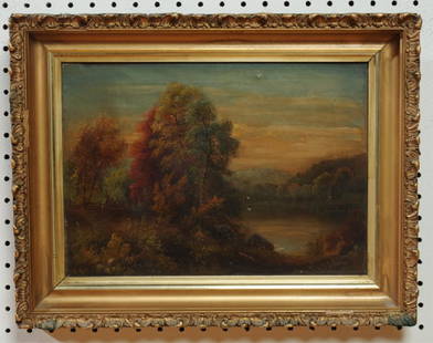 Hudson River School Oil on Canvas, Daniel Grose: 1873 oil painting of a landscape with lake at twilight by Daniel Charles Grose, (1838-1900.) Signed and dated lower left "C. Grose, 1873" (the artist used the name "Charles Grose" after his second mar