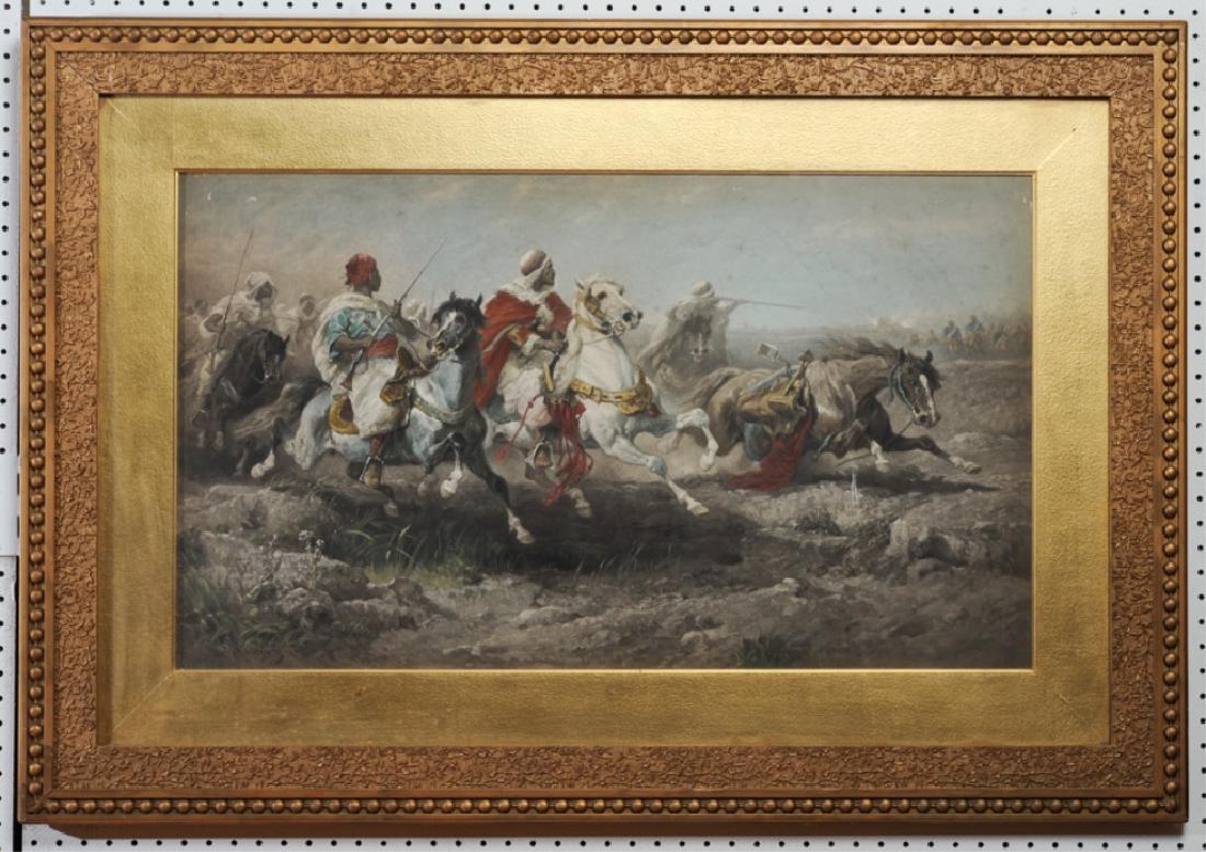 Adolph Schreyer Lithograph Arabian Horsemen: Huge 19th C. color lithograph of charging horsemen, after Adolph Schreyer, (1828-1899, German.) Surface of paper has some flaking, in gold period frame. Visible image: approx. 34" x 19 1/2". Frame: ap