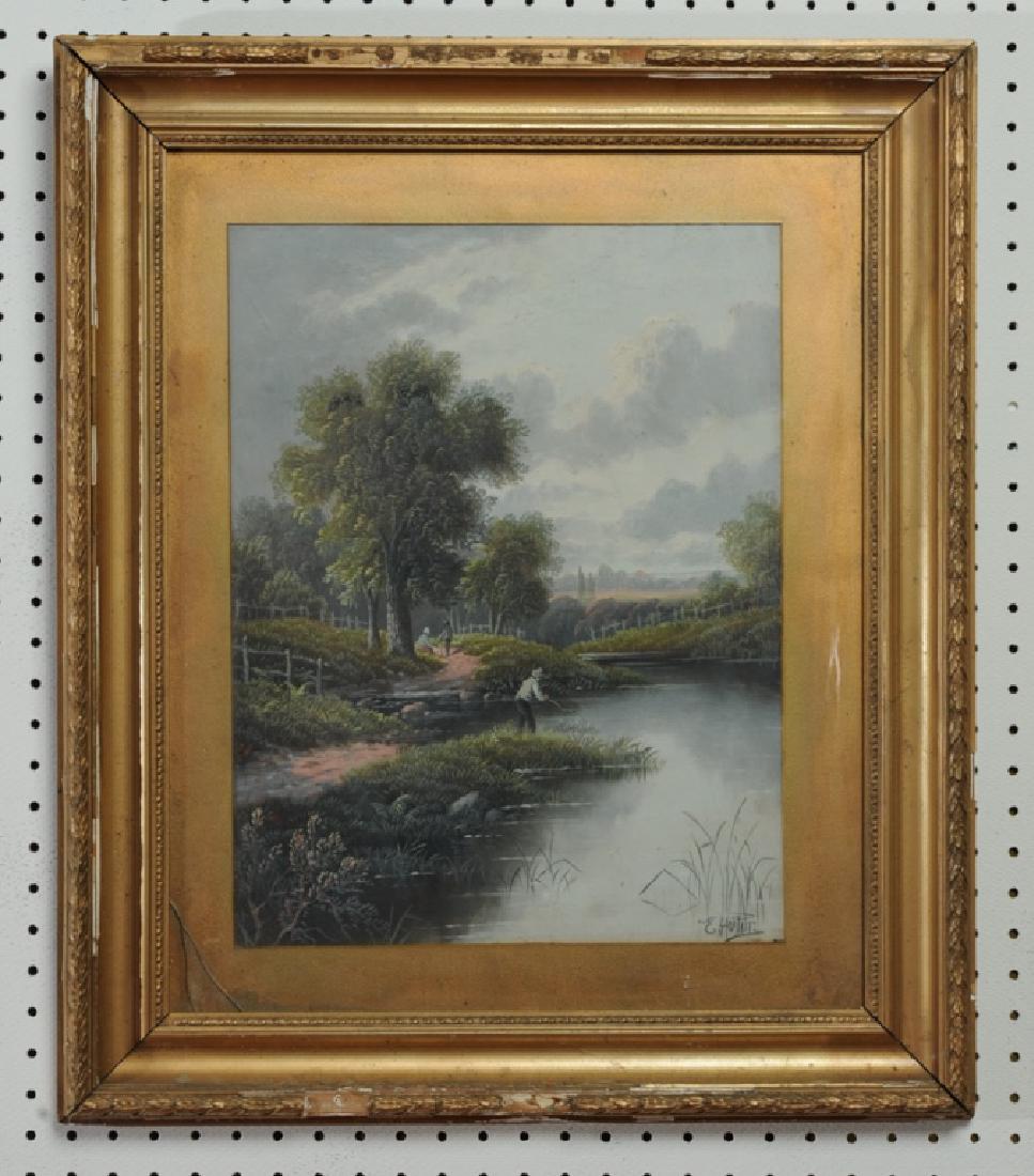 Etty Horton (1835 - 1905) Oil on Paper: Idyllic country landscape, signed E. Horton lower right, in damaged frame. Visible image: approx. 17" x 13". Frame: approx. 26" x 22".