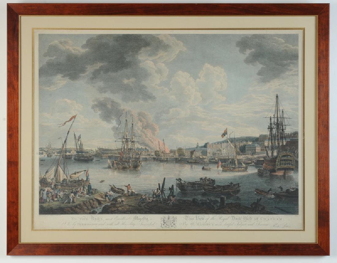 18th C. English Color Engraving after R. Paton: "View of the Royal Dock Yard at Chatham" after a painting by Richard Paton, engraved by Pierre Canot and B.B. Evans after John Hamilton Mortimer, published July 1, 1793. Plate size: approx. 17 5/8" x