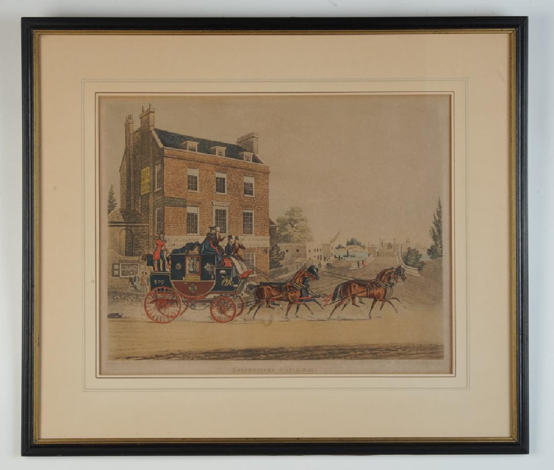 2 19th C. English Hand Colored Coaching Engravings: "Quicksilver Royal Mail" (visible image: approx. 13 1/4" x 16 3/4") engraved by Charles Hunt, and "The Mail Coach Changing Horses" (visible image approx. 17" x 12 3/4") engraved by G. Reeves and publi