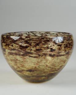 Swedish Lindshammar Art Glass Bowl: Mottled colors, made by Gunnar Ander for Lindshammar, signed to base. H: approx. 4 1/2". Dia: approx. 6 1/4".