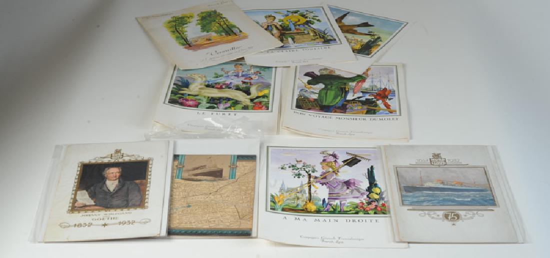 Ship Menus, etc.: From the Bremen (1932) - 2 menus, and the France (1972) - 7 menus, with passenger list for the Konigin Luise (1905) and undated menu from D & C Lines (dollar & a quarter dinner.)