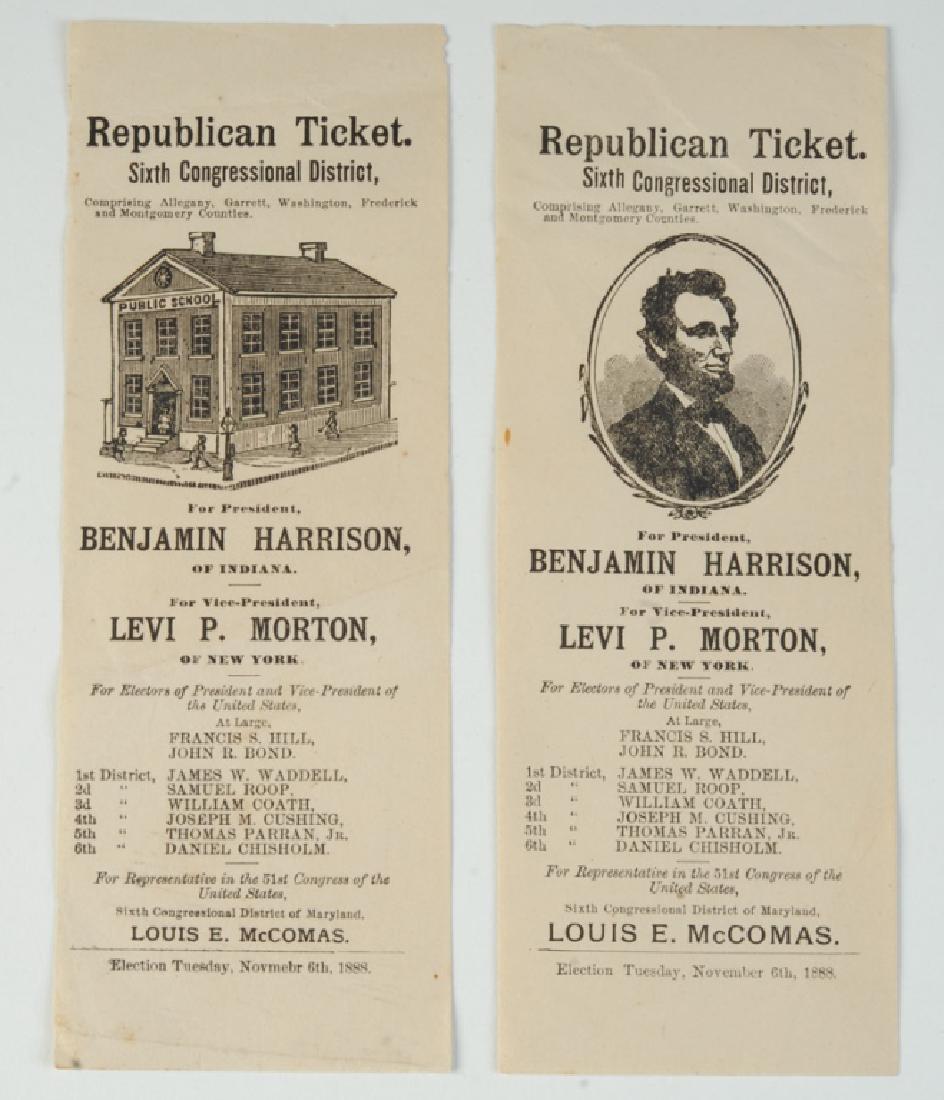 Maryland Benjamin Harrison For President: Two promotional flyers, "Republican Ticket Sixth Congressional District." Approx. 8" x 3".