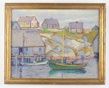 Margaret J. Patterson (1867 - 1950) Oil on Panel: Impressionist painting of a wharf with buildings, ships, rocks and boats on the water by Massachusetts artist Margaret Jordan Patterson. Unsigned, but "Margaret" in the artist's handwriting on verso.