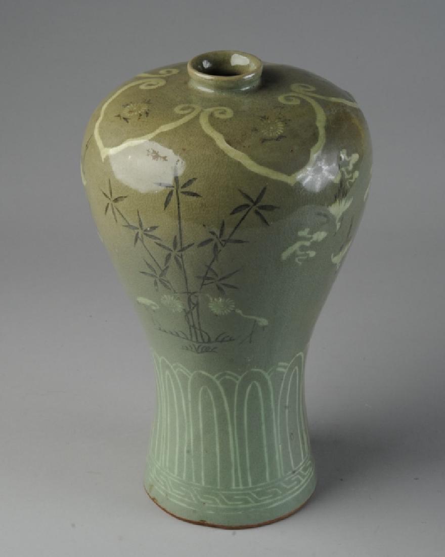 Korean Celadon Meiping Vase: Inlaid birds and bamboo. H: approx. 12 1/2".