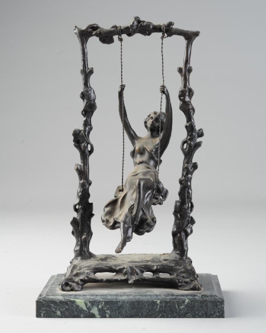 Girl on Swing Sculpture (after) Auguste Moreau: Art Nouveau bronze sculpture of a young woman on a swing suspended from a branch. Signed "Aug Moreau". Mounted on green marble base. Approx. 11" in height.