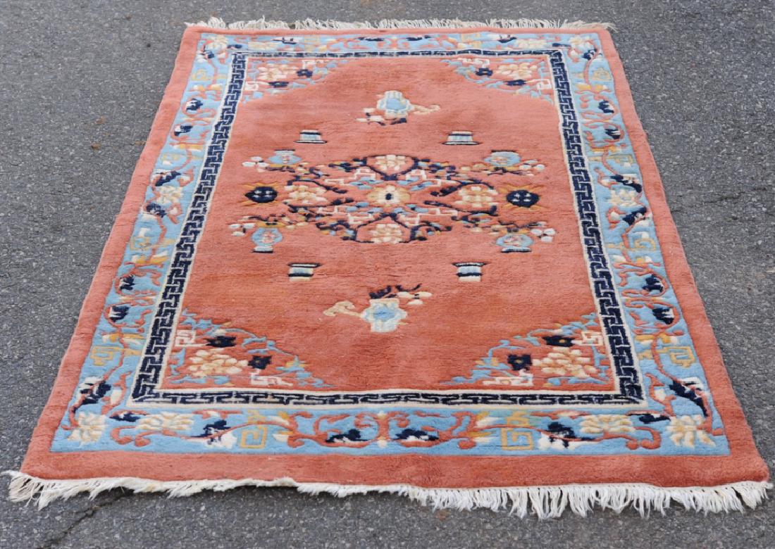 Persian Style Rug: Plush texture, Salmon ground. Approx. 6' 10" x 4'.