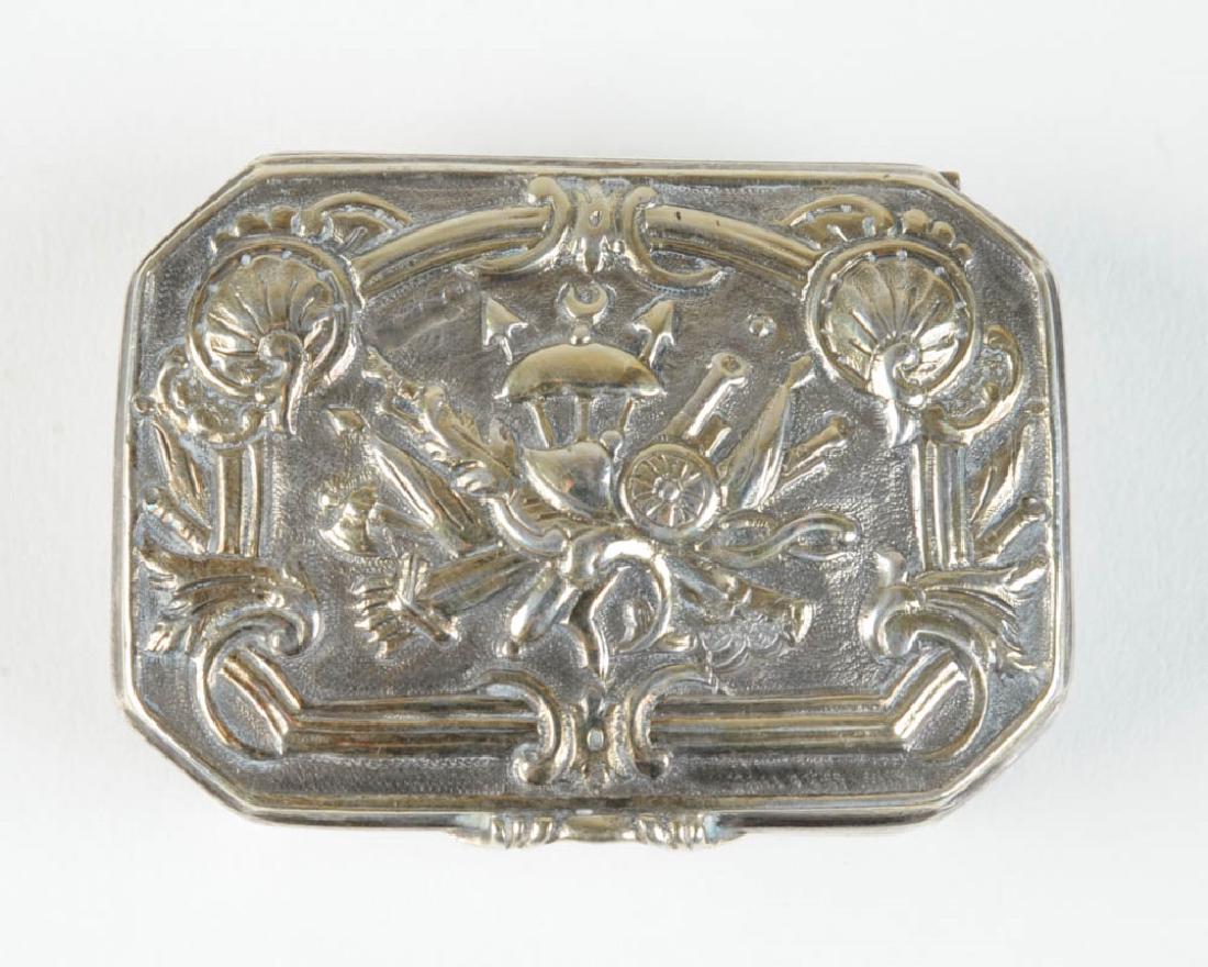 Turkish Ottoman Silver Masonic Pill Box 19th C: Small silver box with repousse symbols of Ottoman Empire freemasonry. Impressed sultan's tughra hallmark to base and lid. Approx. 2 3/8" x 1 5/8" x 1/2". Approx. 1.67 ozt. Provenance: The collection o