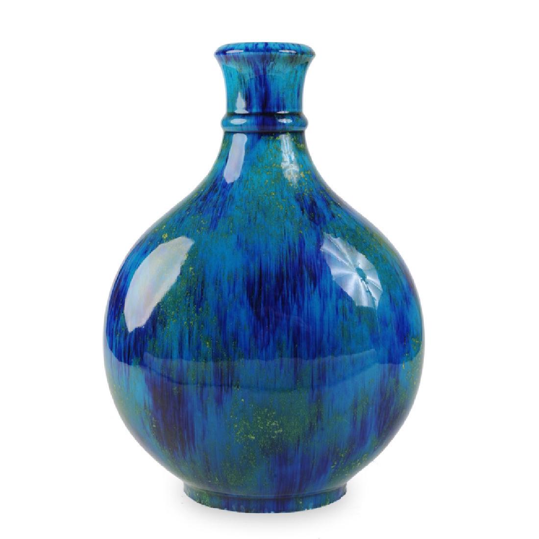 Paul Millet for Sevres Art Pottery Vase: Stunning Persian Blue & Cobalt glaze with mottled pale green, some minor chips to base, marked to base "MP Sevres France Ovington New York Chicago" and Ovington paper label. H: approx. 12 1/4".