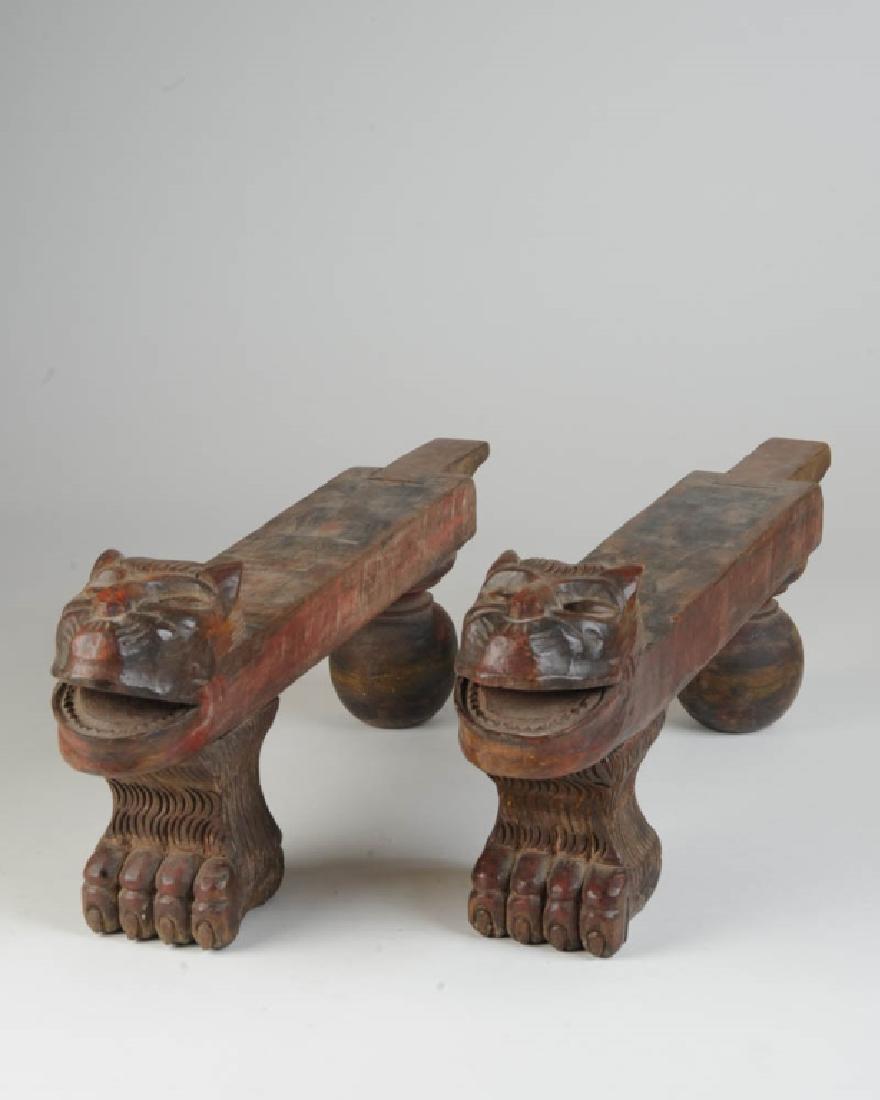 18th / 19th C. Mexican Carved Trunk Supports Feet: Fabulous pair of carved walnut or sabino (cypress) animal form feet or supports, to lift a leather storage chest off the floor, allowing air to circulate and preventing moisture damage. Carved in the 
