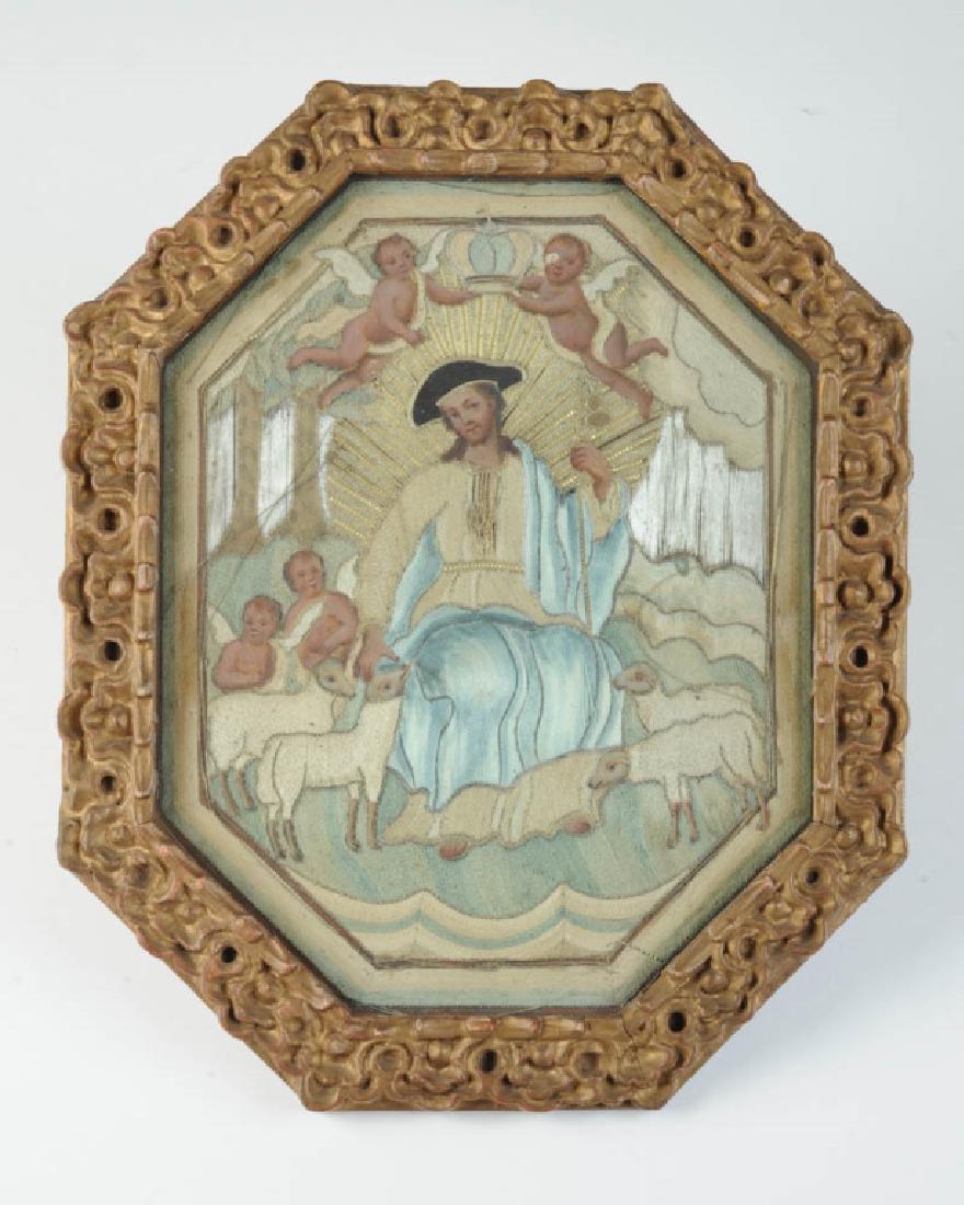 18th / 19th C. Embroidered Picture Christ w/ Sheep: Silk embroidery and gold metallic thread embroidered devotional picture, with the cherubs, the faces and feet of both the "Divine Shepherd" and his sheep painted gouache on paper. Some fading and toni