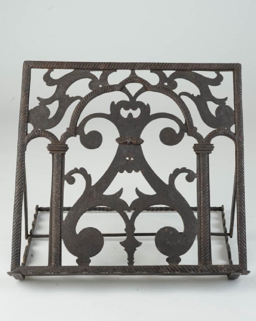 Antique Wrought Iron Missal or Book Stand: Spanish Colonial or Gothic type hand wrought antique folding book /missal /Bible stand. 19th C. or earlier. Approx. 15 1/4" W, 14 1/2" H, 12" D. Provenance: The collection of Ambassador and Mrs. Alexa