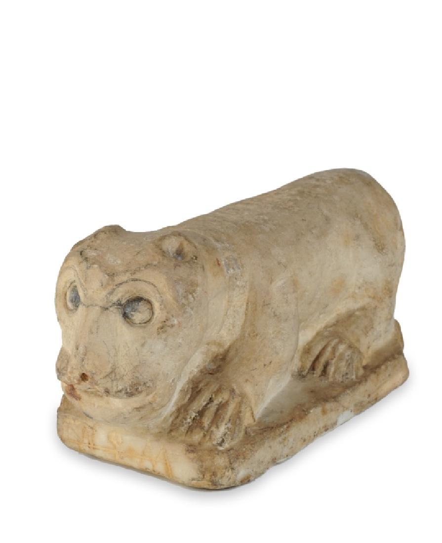 Romanesque Type Carved Stone Collared Dog: Romanesque style stone carving, appears to have significant age, though a barely legible date scratched in the side appears to be 18 __. This may be a later addition, along with initials scratched int