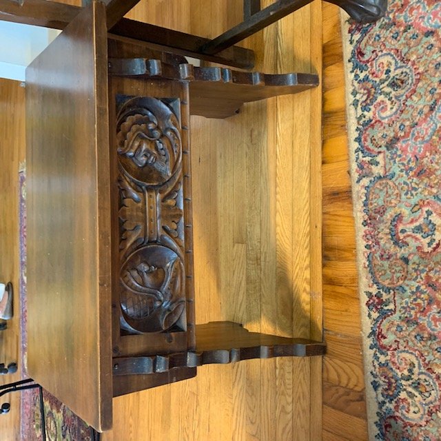 Jacobean Style Heavily Carved Bench: Age unknown. H: approx. 22 3/4". W: approx. 27 1/2". D: approx. 15 1/4". Provenance: The collection of Ambassador and Mrs. Alexander Weddell of Virginia House Museum, Richmond, Virginia.
