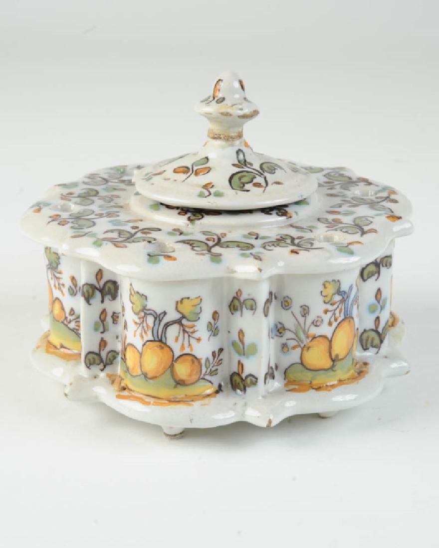19th C. Spanish Talavera Inkwell: Tin-glazed earthenware inkwell with six quill holes, decorated with bright yellow fruits and green and gold leaves. With "Talavera" written near base, and a maker's mark in the form of a crescent moon