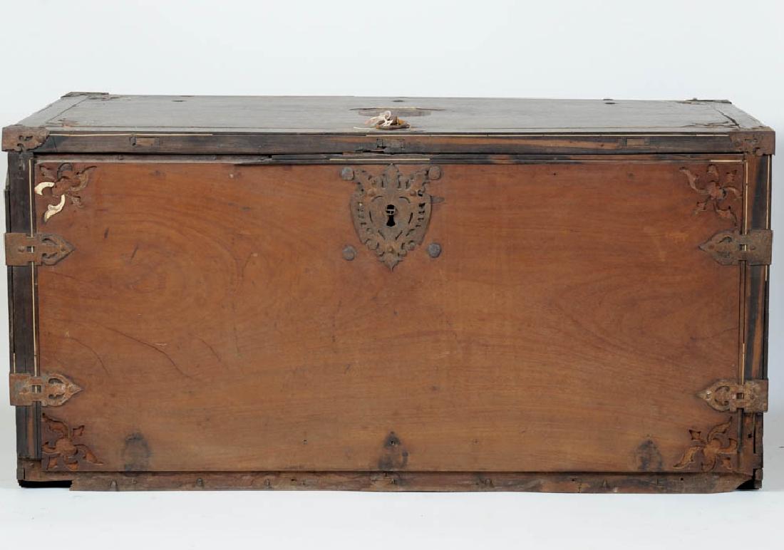 17th / 18th C. Portuguese / Spanish Chest: Bone inlaid Ebony and Mahogany chest, many condition issues including substantial loses to inlay, missing bottom, in as-found condition. H: approx. 20 3/4". W: approx. 42 1/2". D: approx. 21 3/4". Pro