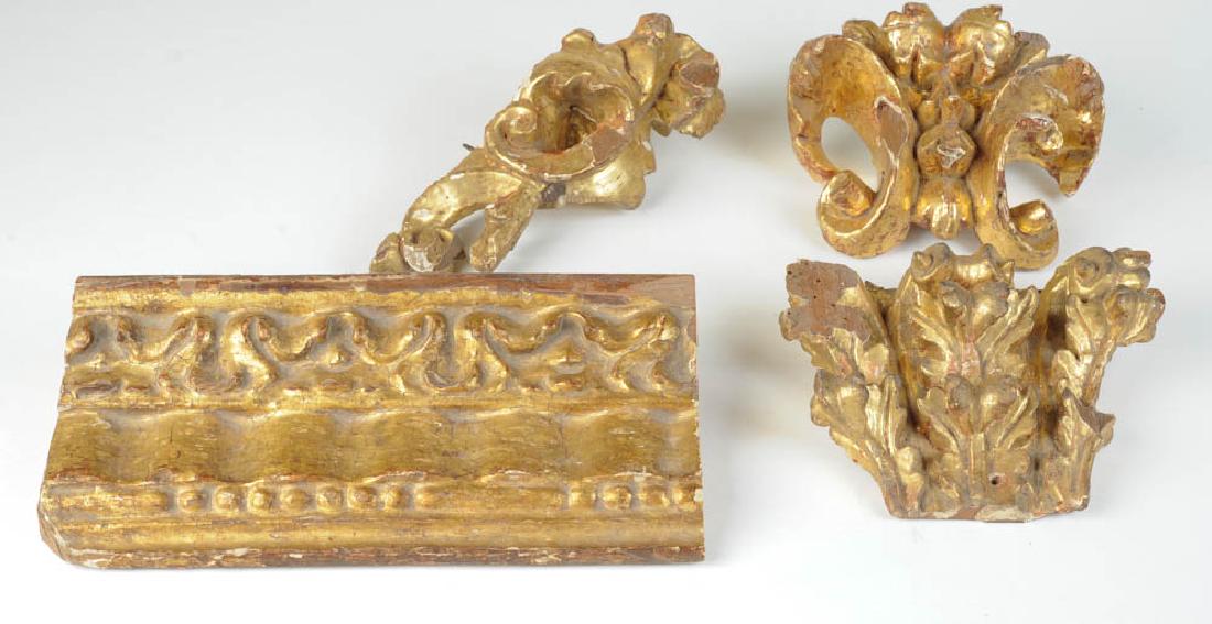 Four Antique Giltwood Architectural Elements: Largest: approx. 11 3/4" x 5 1/2" x 2 1/4". Provenance: The collection of Ambassador and Mrs. Alexander Weddell of Virginia House Museum, Richmond, Virginia.