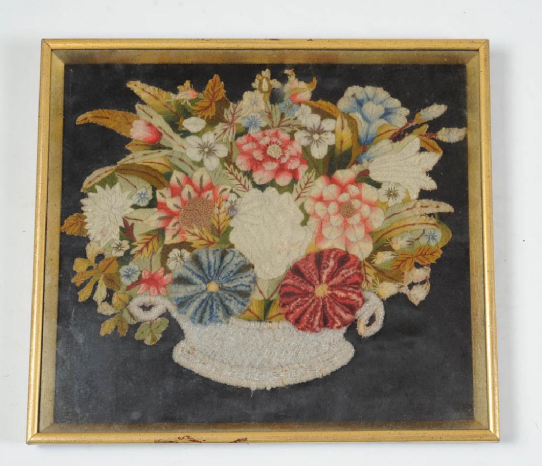 19th C. Stumpwork Picture: Needlework botanical urn, in period gilt shadow box frame. Frame: approx. 16 1/4" x 14 3/4".