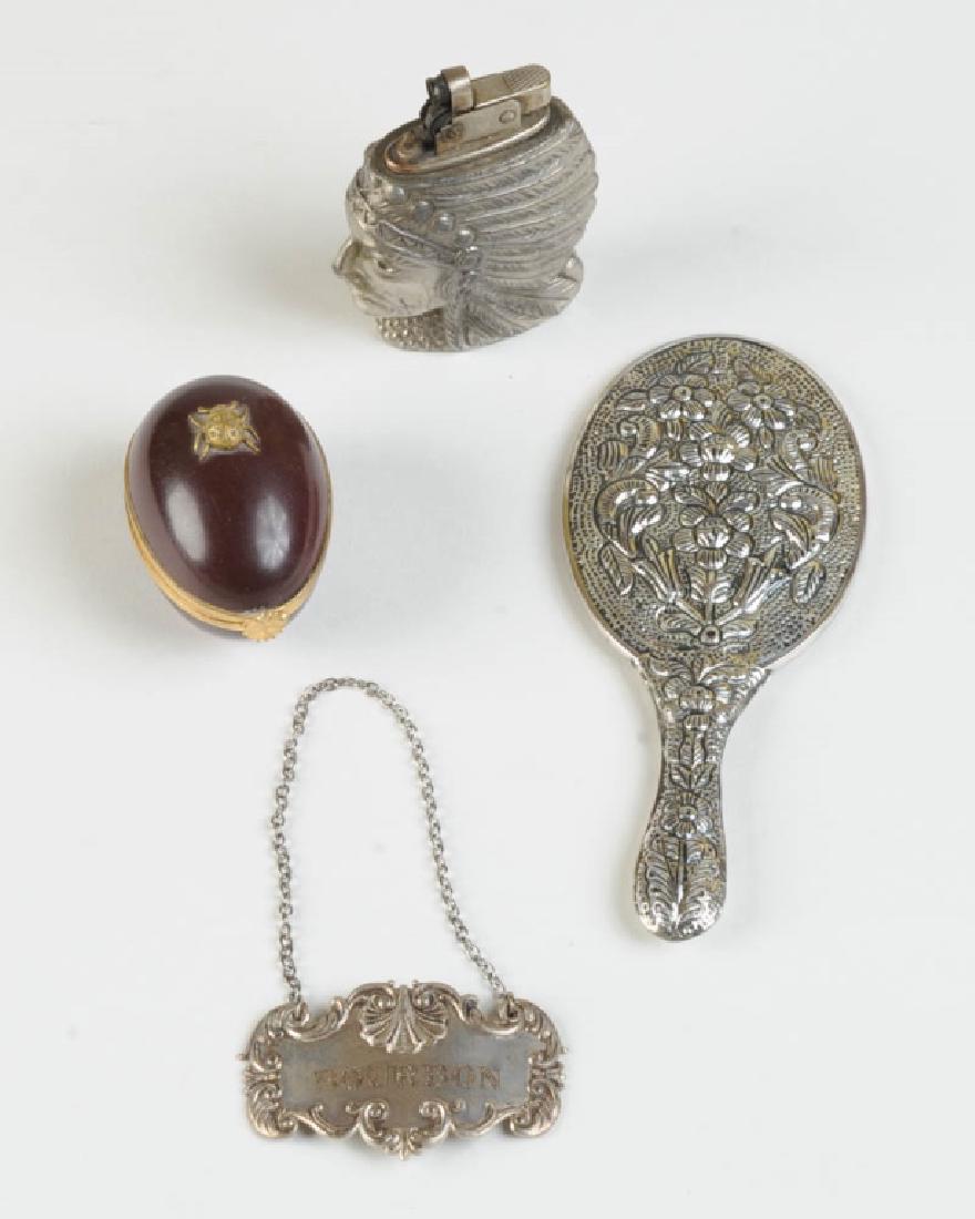 Mixed Lot: Sterling Silver Bourbon hang tag, Limoges porcelain box, Indian head light, small handled mirror.